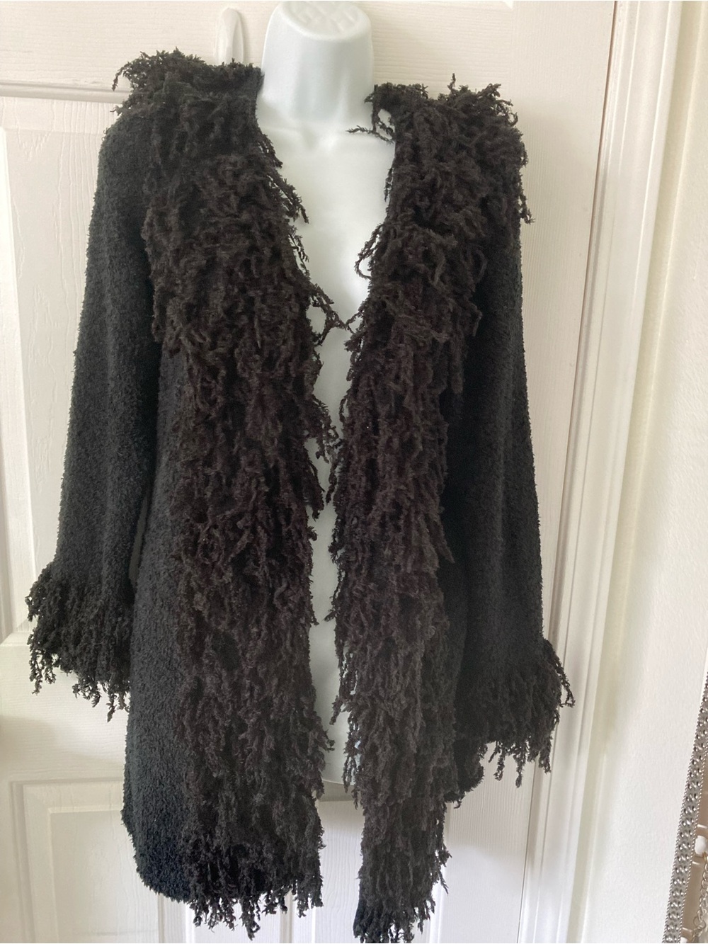 Soft Surroundings Black Fringe-Trim Open Cardigan